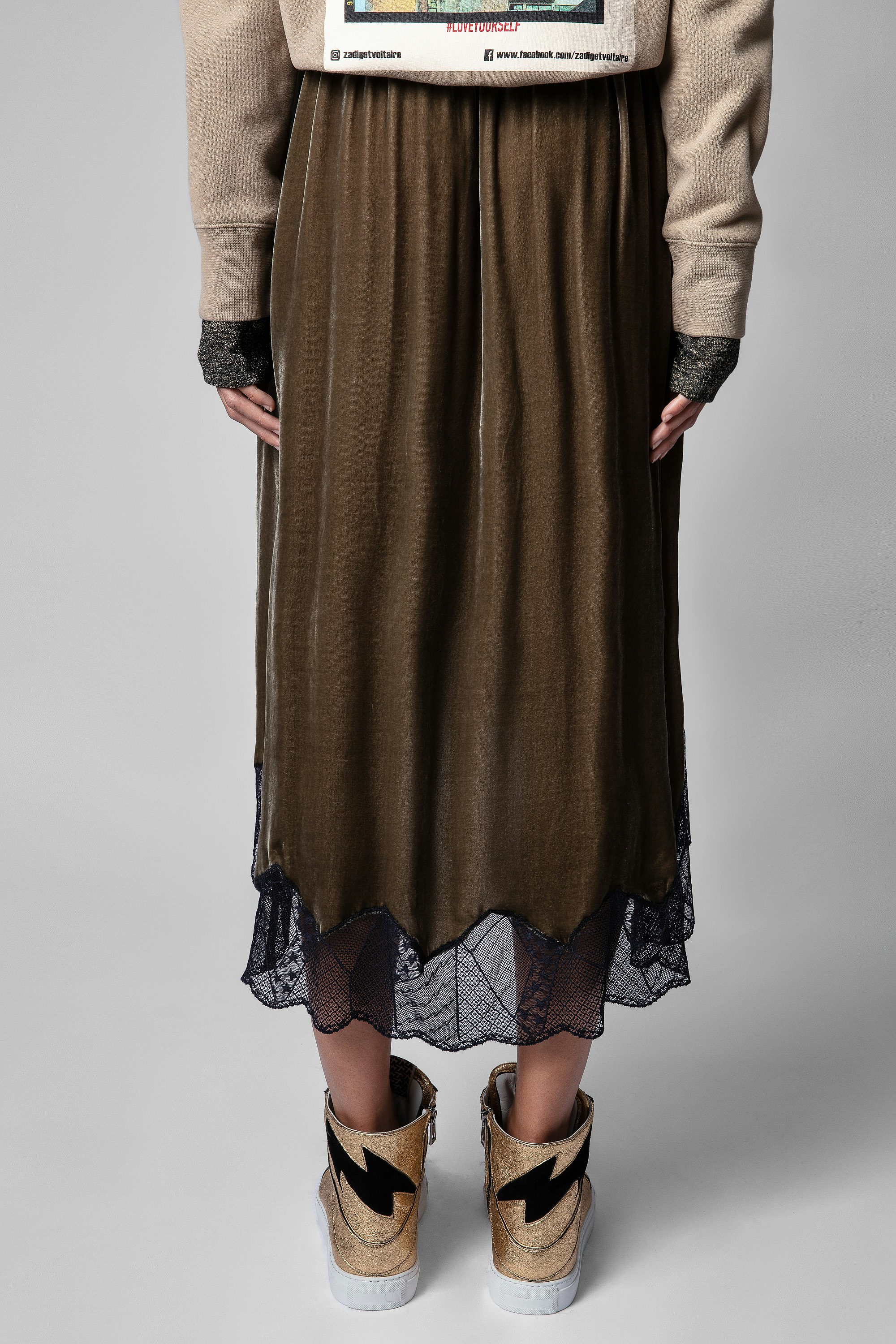 Falda Joslin Terciopelo - Falda asimétrica de terciopelo verde de mujer